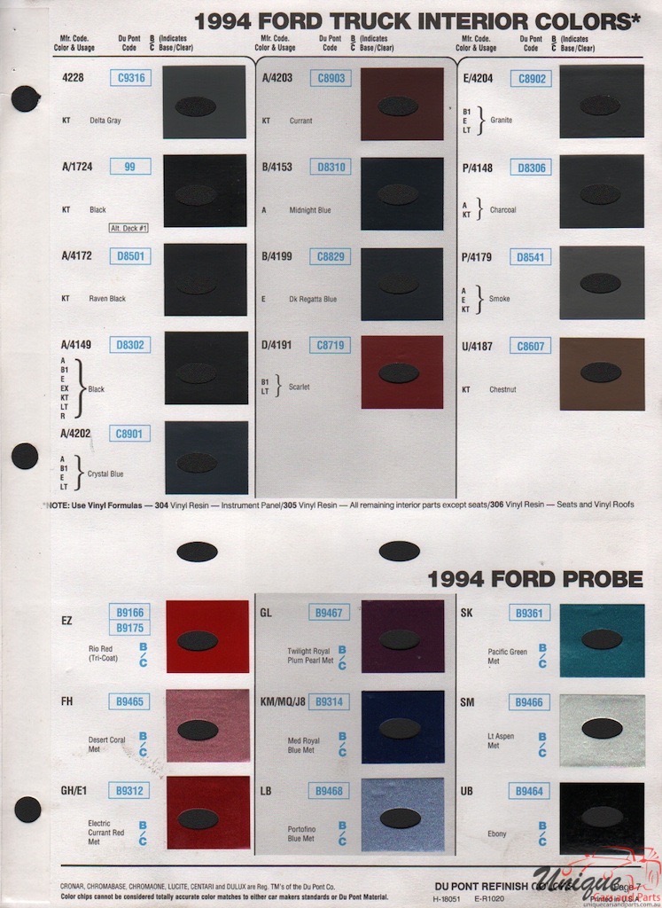 1994 Ford Paint Charts Probe Festva Mercury Paint Charts DuPont 1
